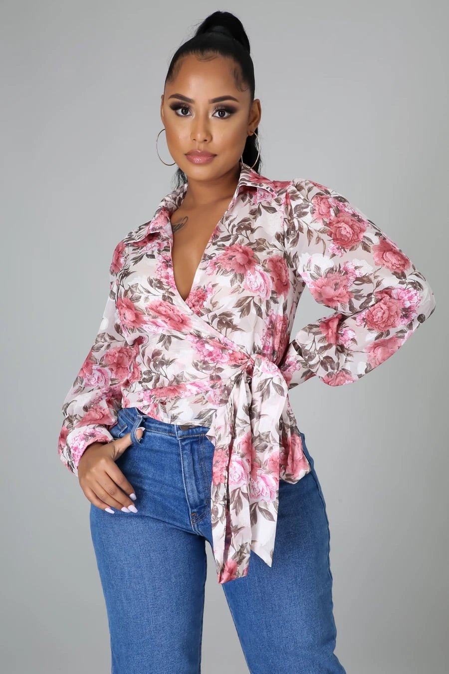 Floral Fínese Long Sleeve Top Pink - Ali’s Couture 