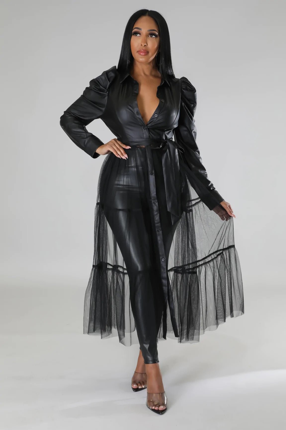 Gia Tulle Faux Leather Top Black - Ali’s Couture 