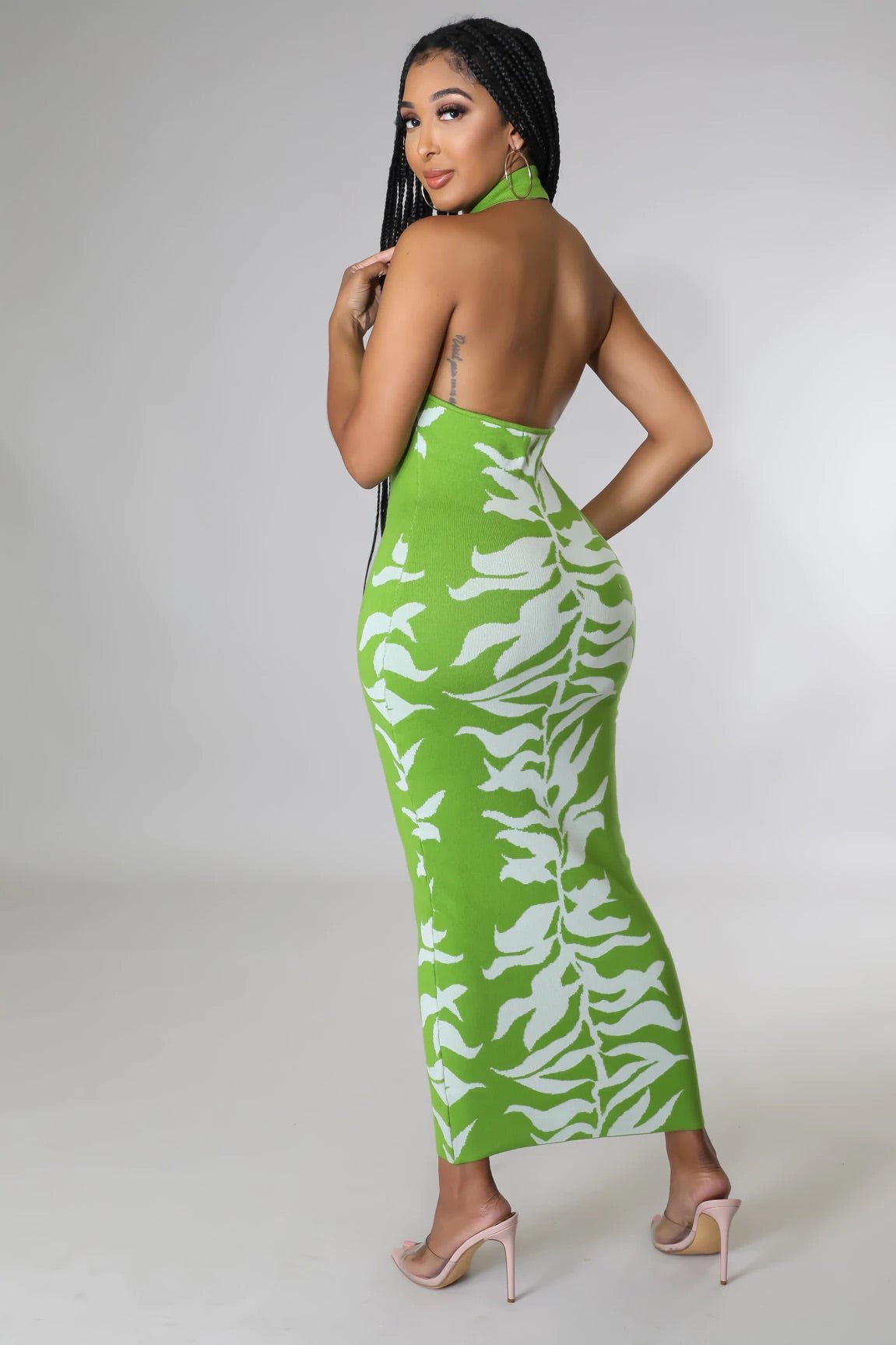 Grapevine Halter Knit Leaf Print Midi Dress Green | Ali's Couture