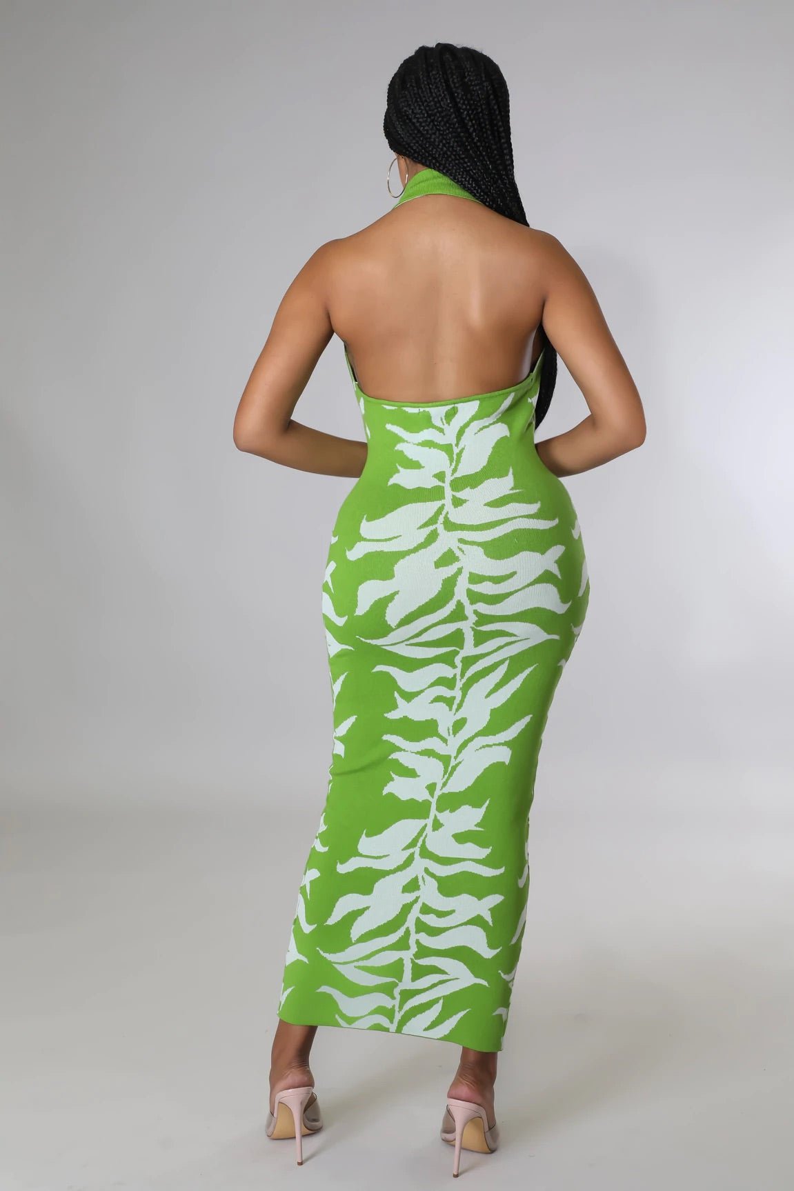 Grapevine Halter Knit Leaf Print Midi Dress Green - Ali’s Couture 