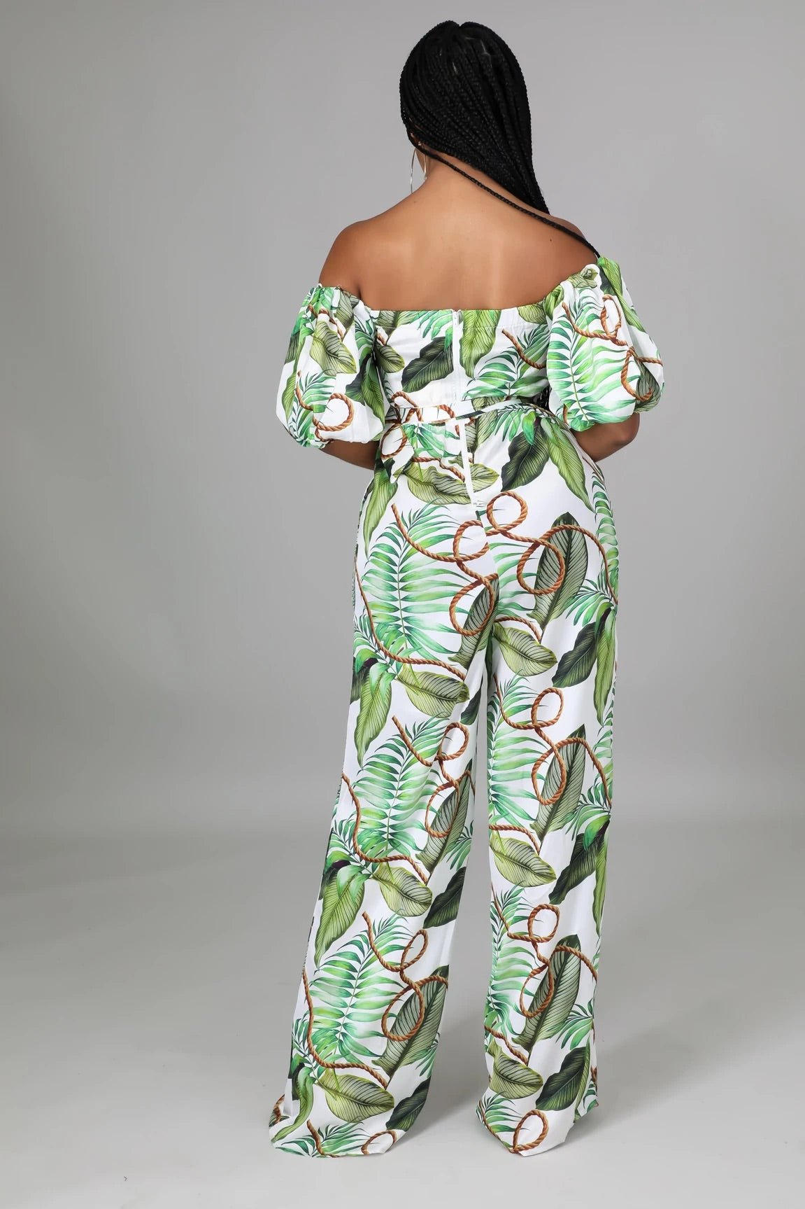 Havana Honey Off The Shoulder Tropical Jumpsuit Multicolor Green - Ali’s Couture 