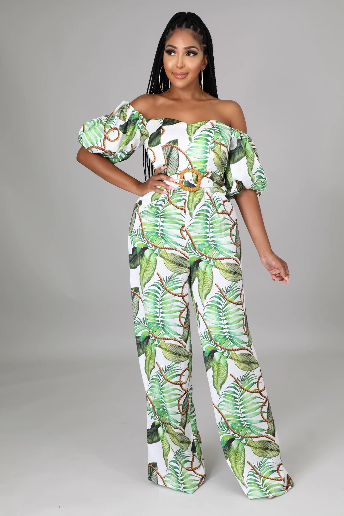 Havana Honey Off The Shoulder Tropical Jumpsuit Multicolor Green - Ali’s Couture 