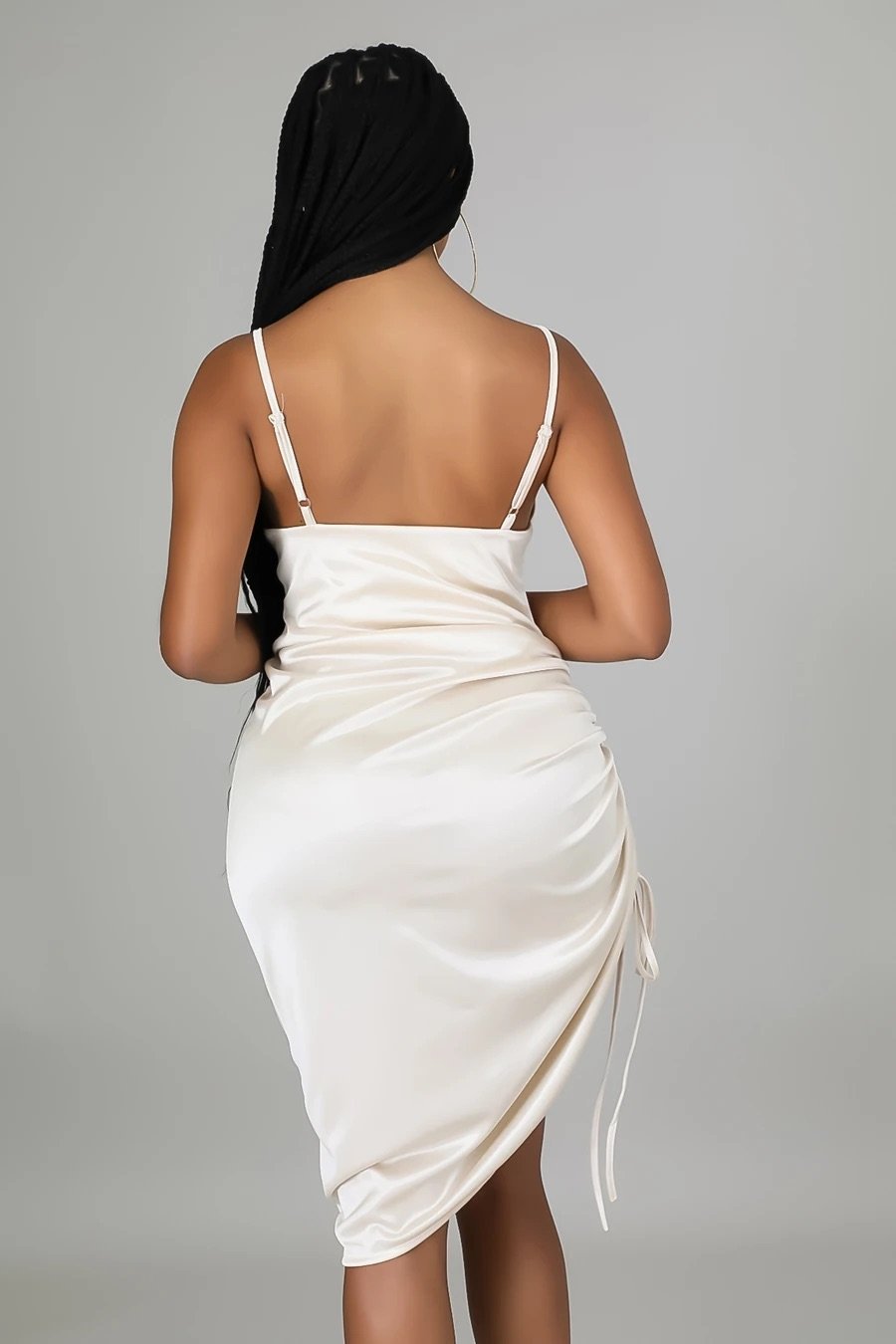 Invite Only Ruched Satin Midi Dress Off White - Ali’s Couture 