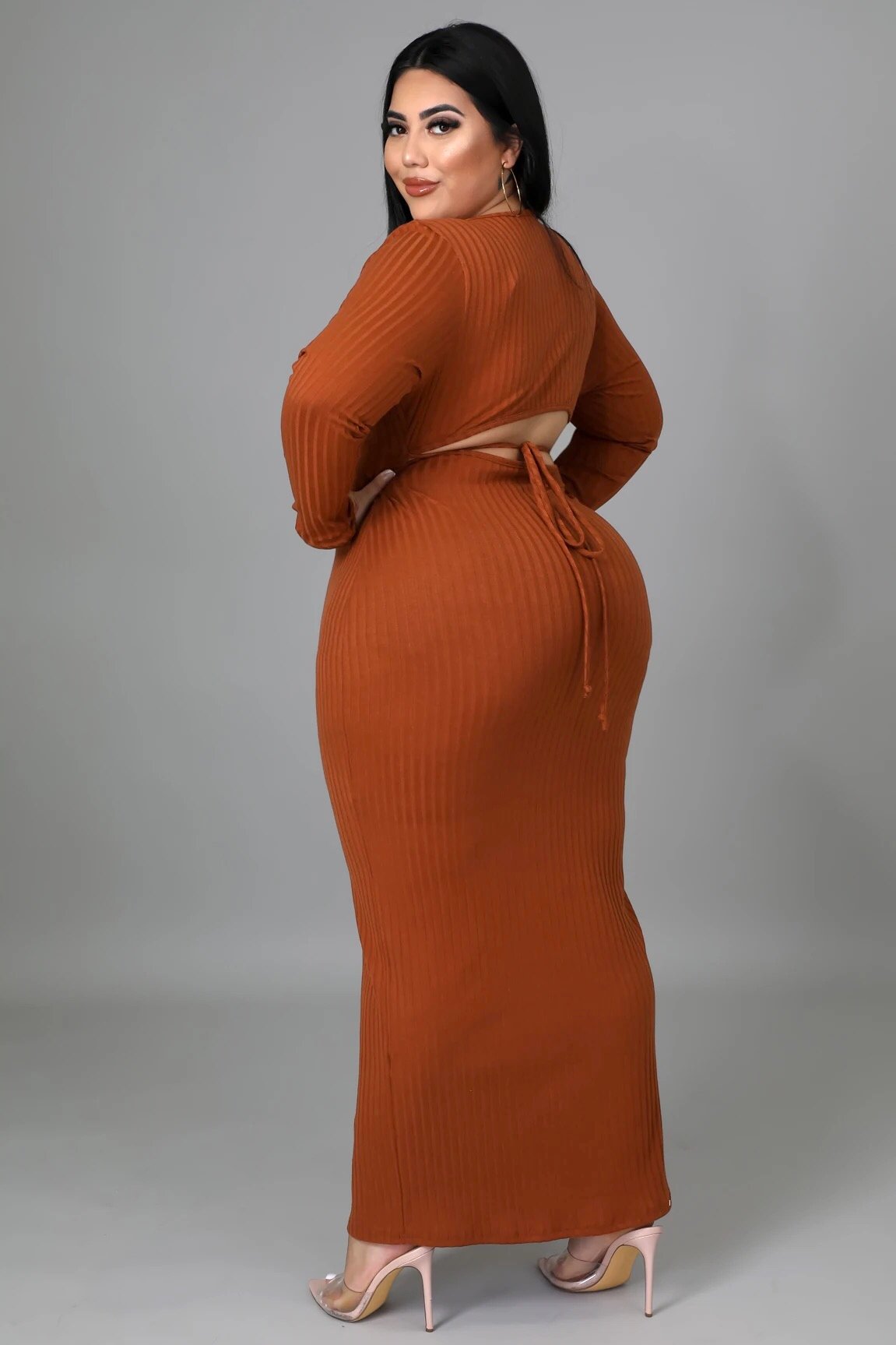 Irreplaceable Cutout Back Midi Dress Cognac Brown (Curvy) - Ali’s Couture 