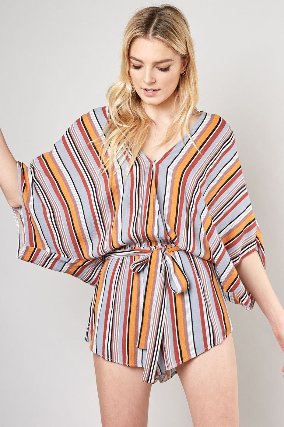 Jassy Kimono Striped Romper Multicolor Grey - Ali’s Couture 