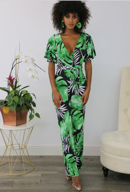 Jungle Leaf Tropical Jumpsuit Multicolor Green - FINAL SALE - Ali’s Couture 