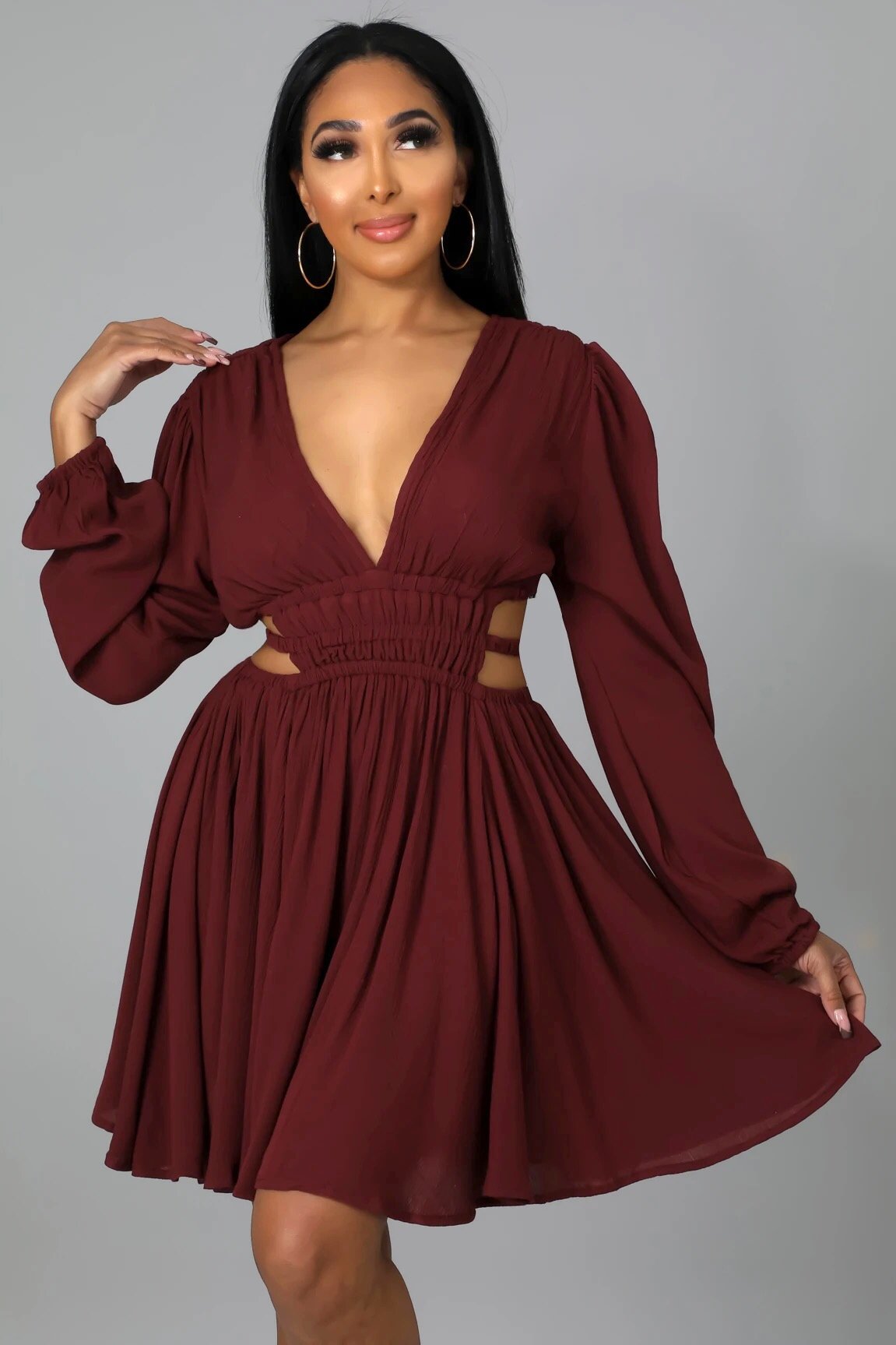 Kennedy Cutout Flare Mini Dress Burgundy - Ali’s Couture 