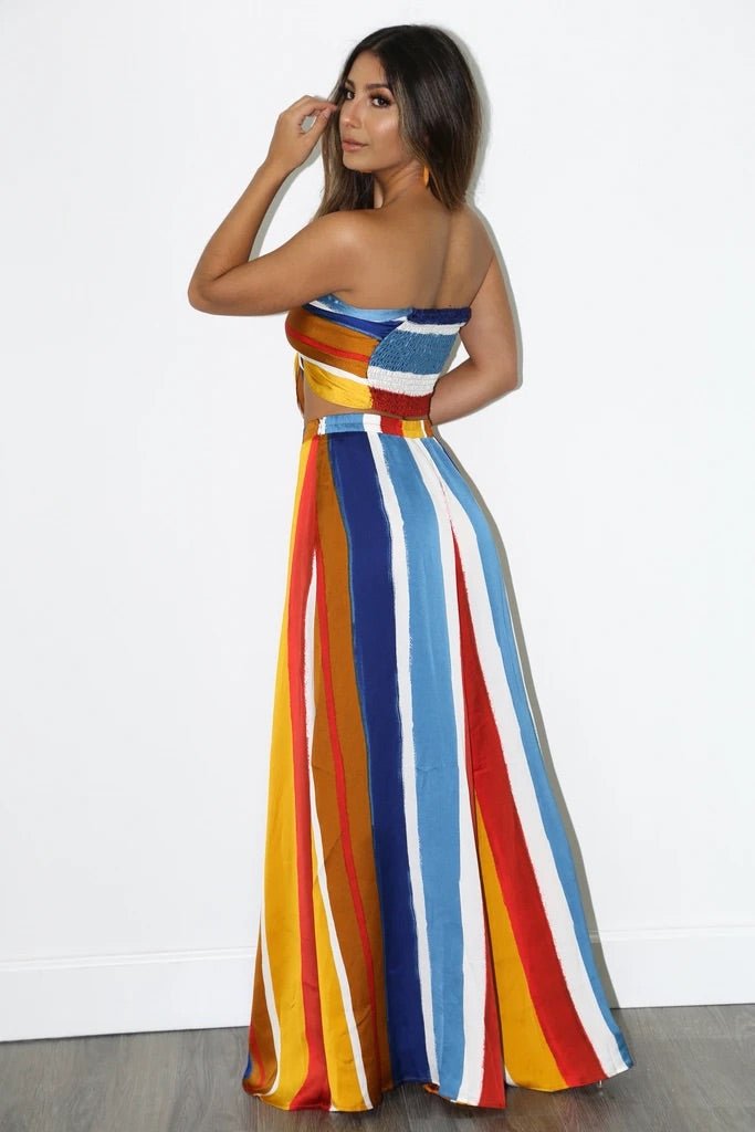 Kylie Satin Bandeau Striped Pant Set Multicolor - Ali’s Couture 