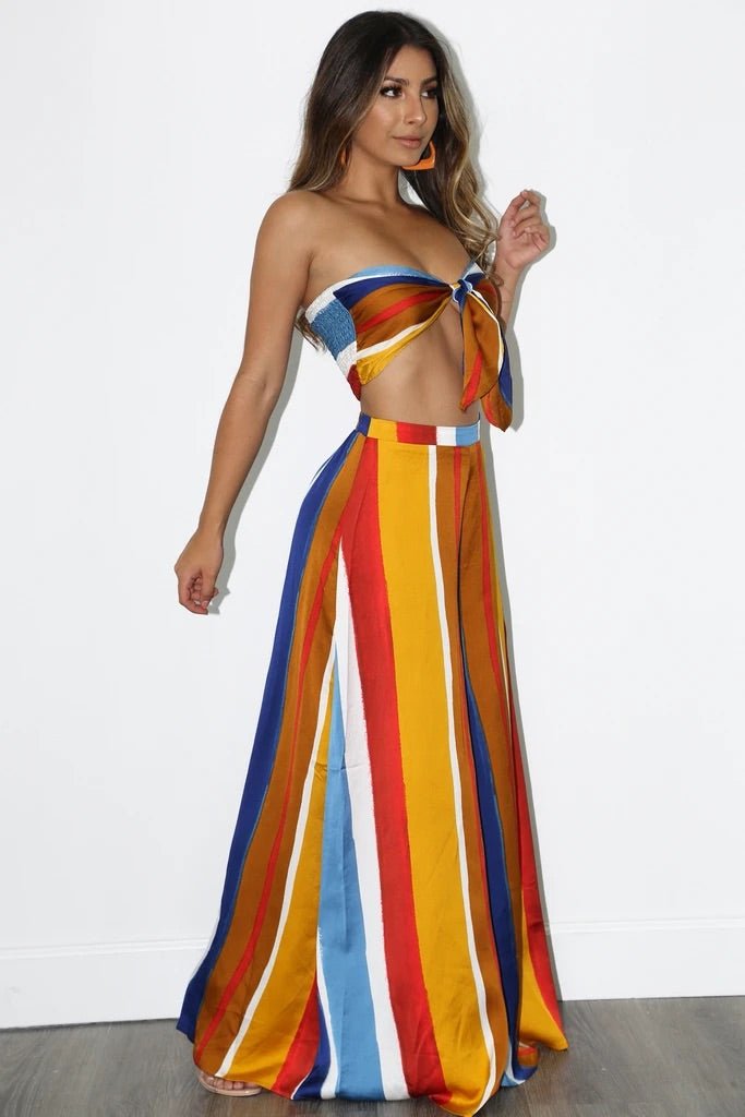 Kylie Satin Bandeau Striped Pant Set Multicolor - Ali’s Couture 