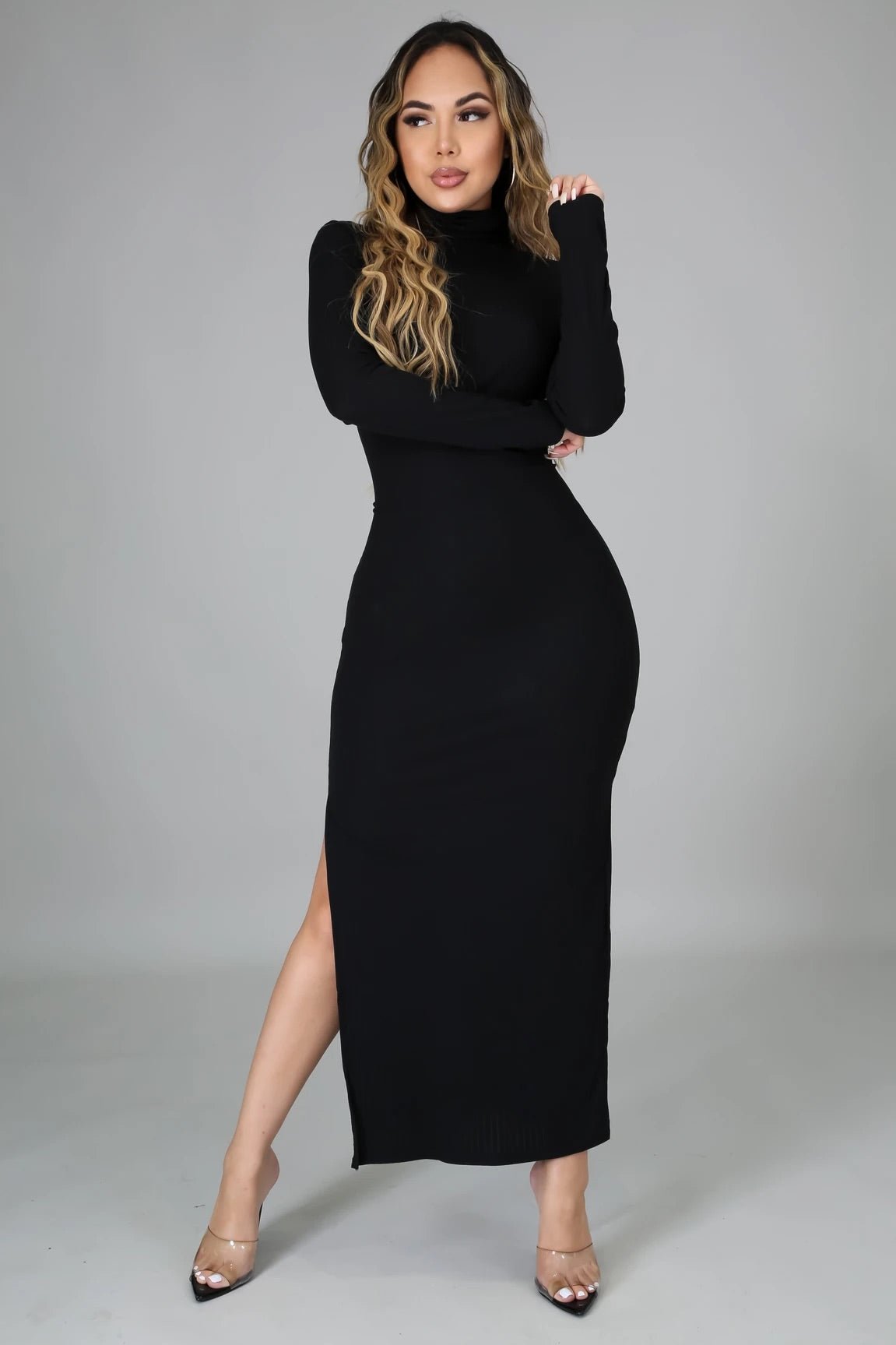 Lana Turtleneck Ribbed Maxi Dress Black - Ali’s Couture 