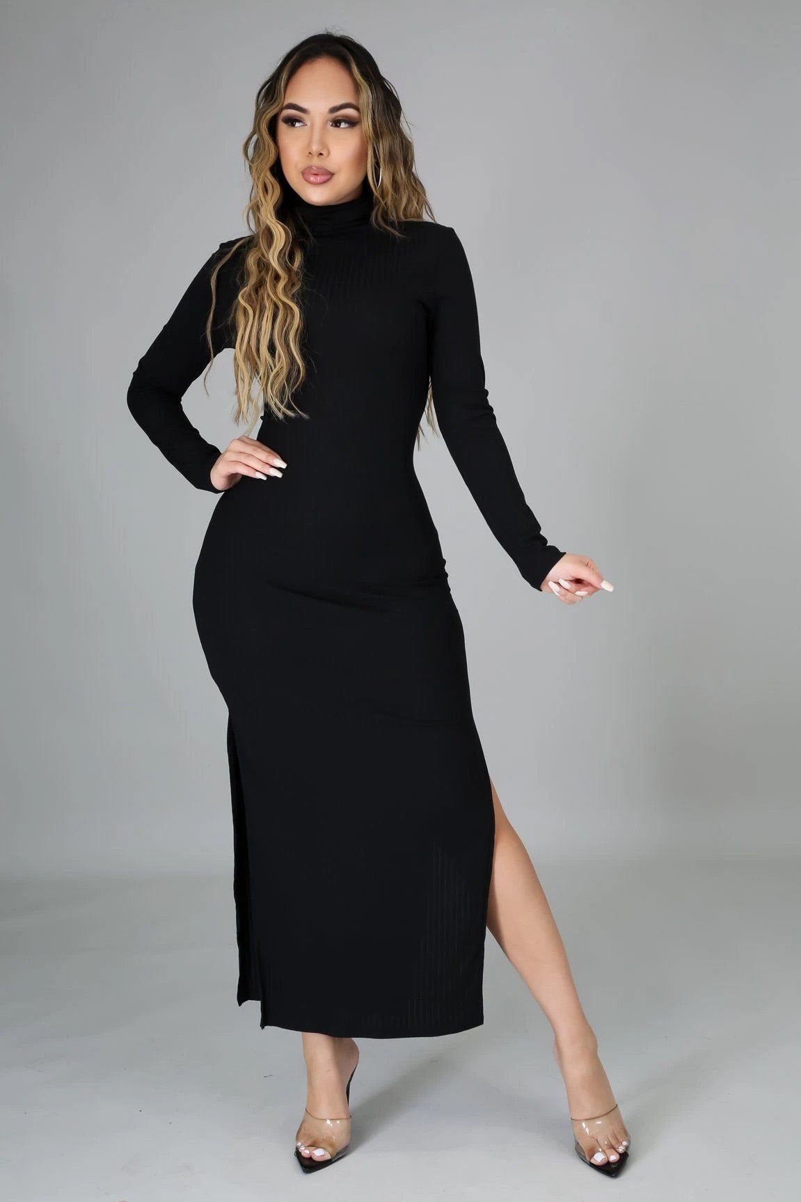 Lana Turtleneck Ribbed Maxi Dress Black - Ali’s Couture 