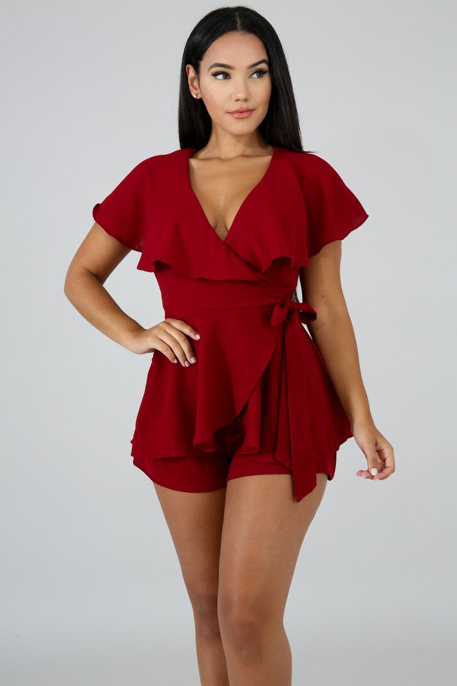Lilly Wrap Romper Burgundy - Ali’s Couture 