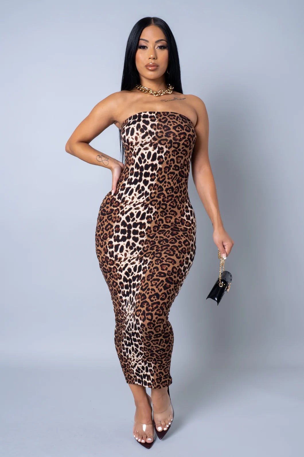 Lorenza Leopard Print Strapless Midi Dress Multicolor Black - Ali’s Couture 