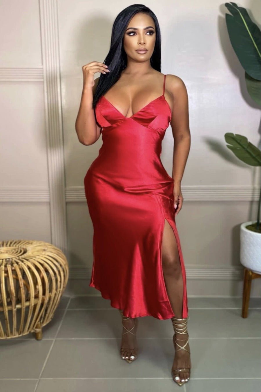 Lovestruck Satin Slip Midi Dress Red - Ali’s Couture 