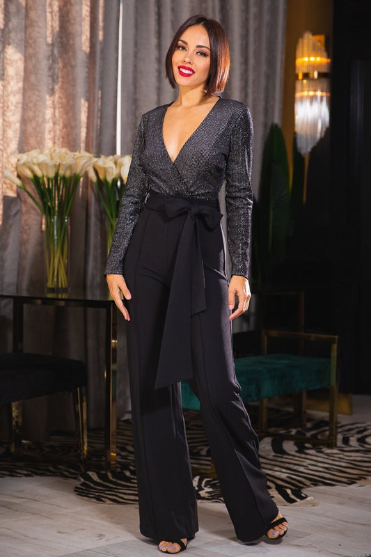 Lucia Two Tone Shimmer Jumpsuit Black - Ali’s Couture 