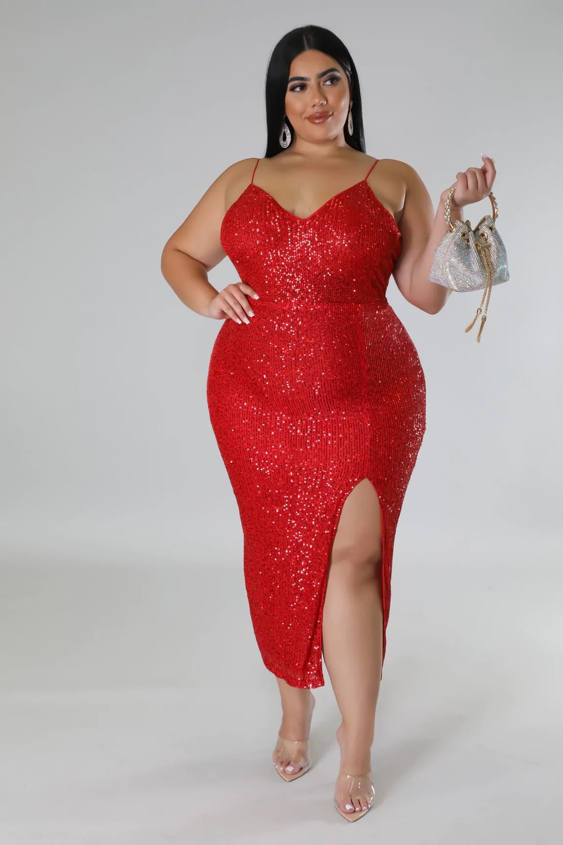Luminous Sequin Midi Dress Red (Curvy) - Ali’s Couture 