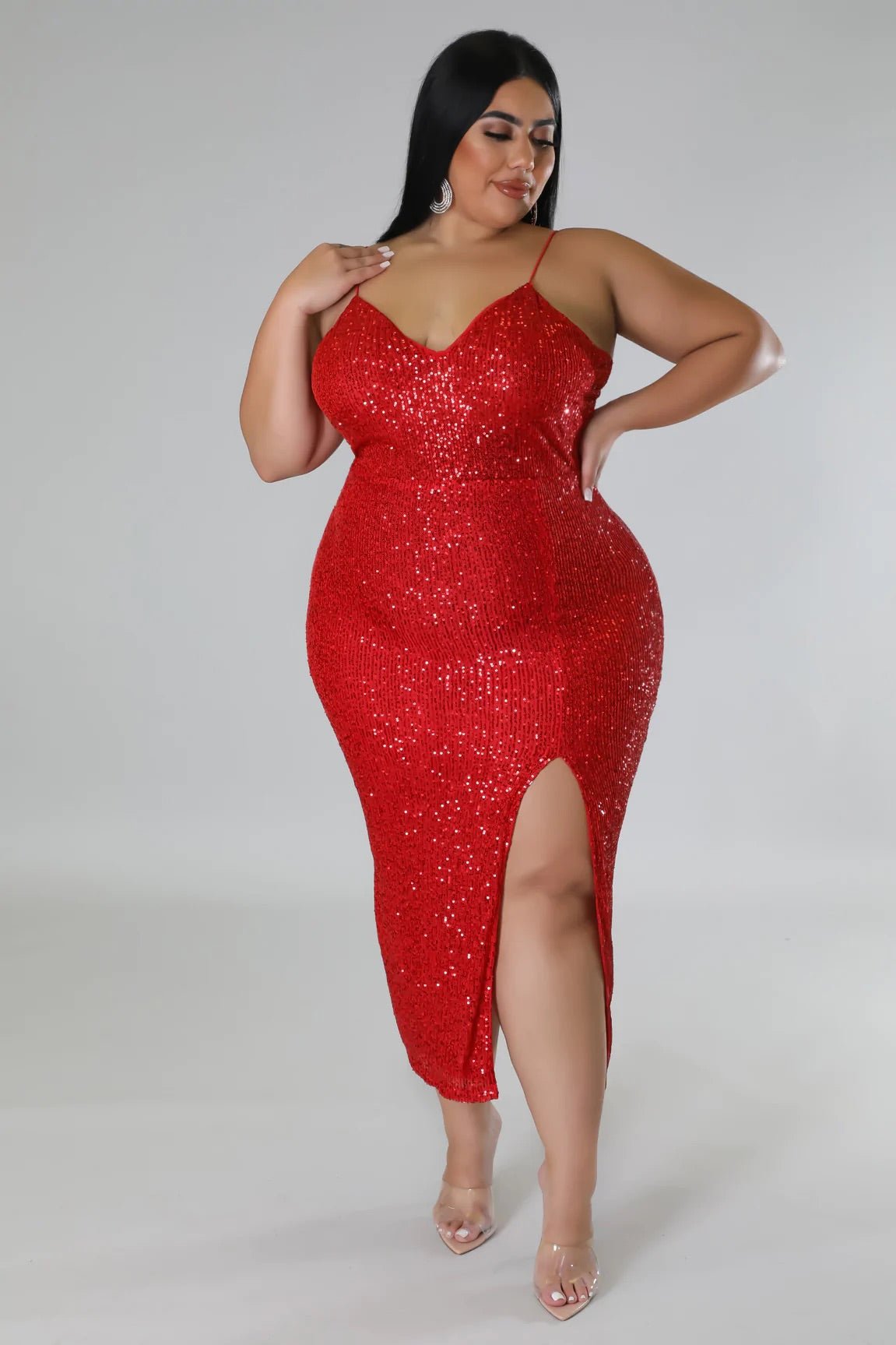 Luminous Sequin Midi Dress Red (Curvy) - Ali’s Couture 