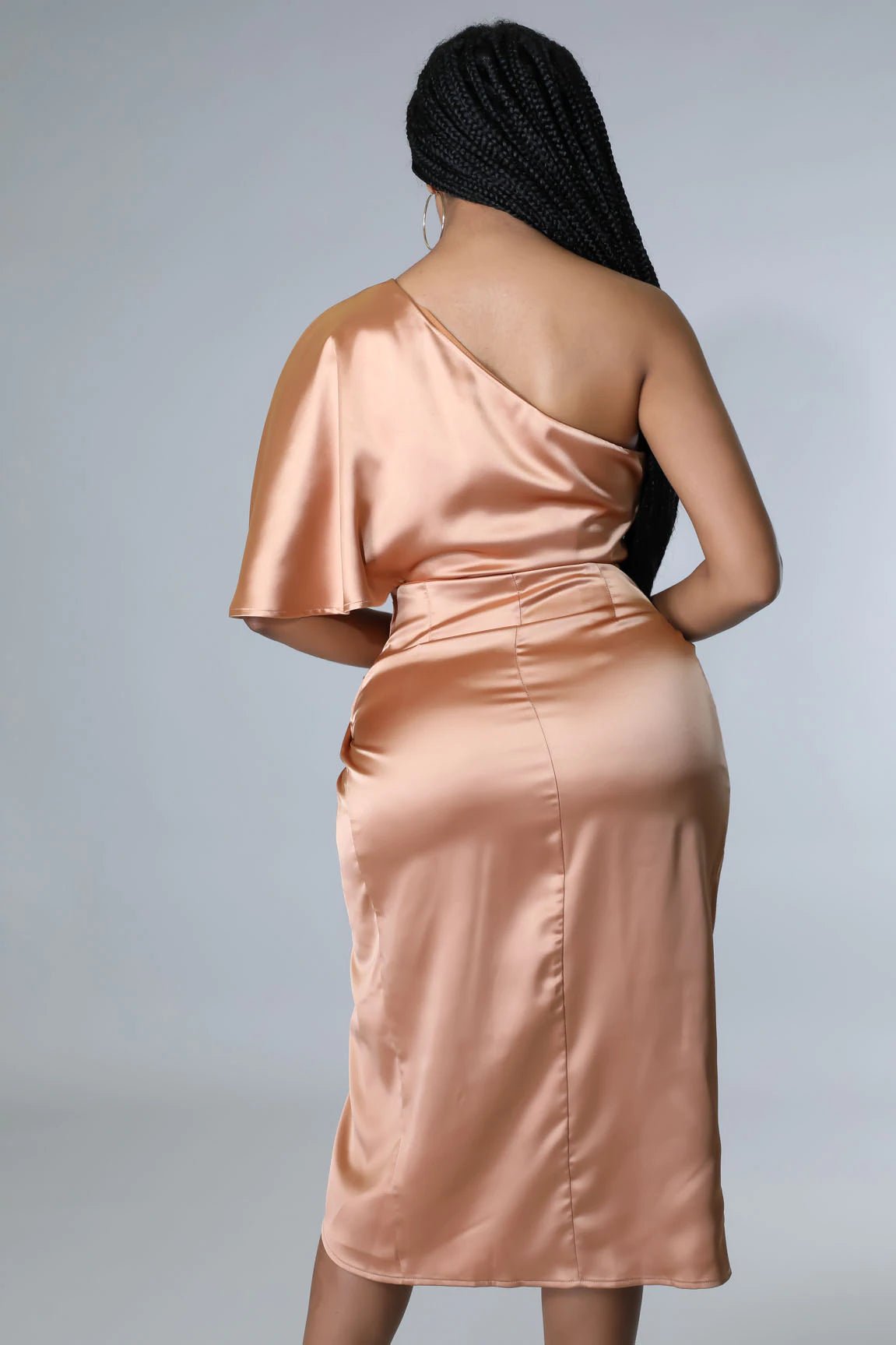 Luxx One Shoulder Satin Midi Dress Apricot - Ali’s Couture 