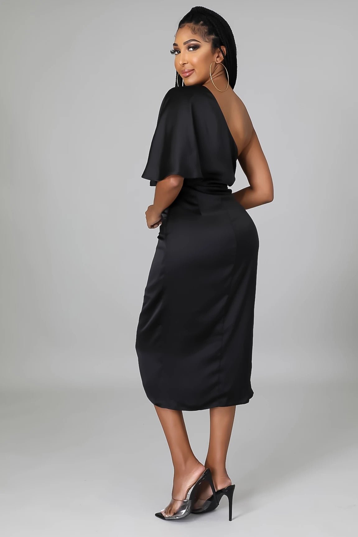 Luxx One Shoulder Satin Midi Dress Black - Ali’s Couture 