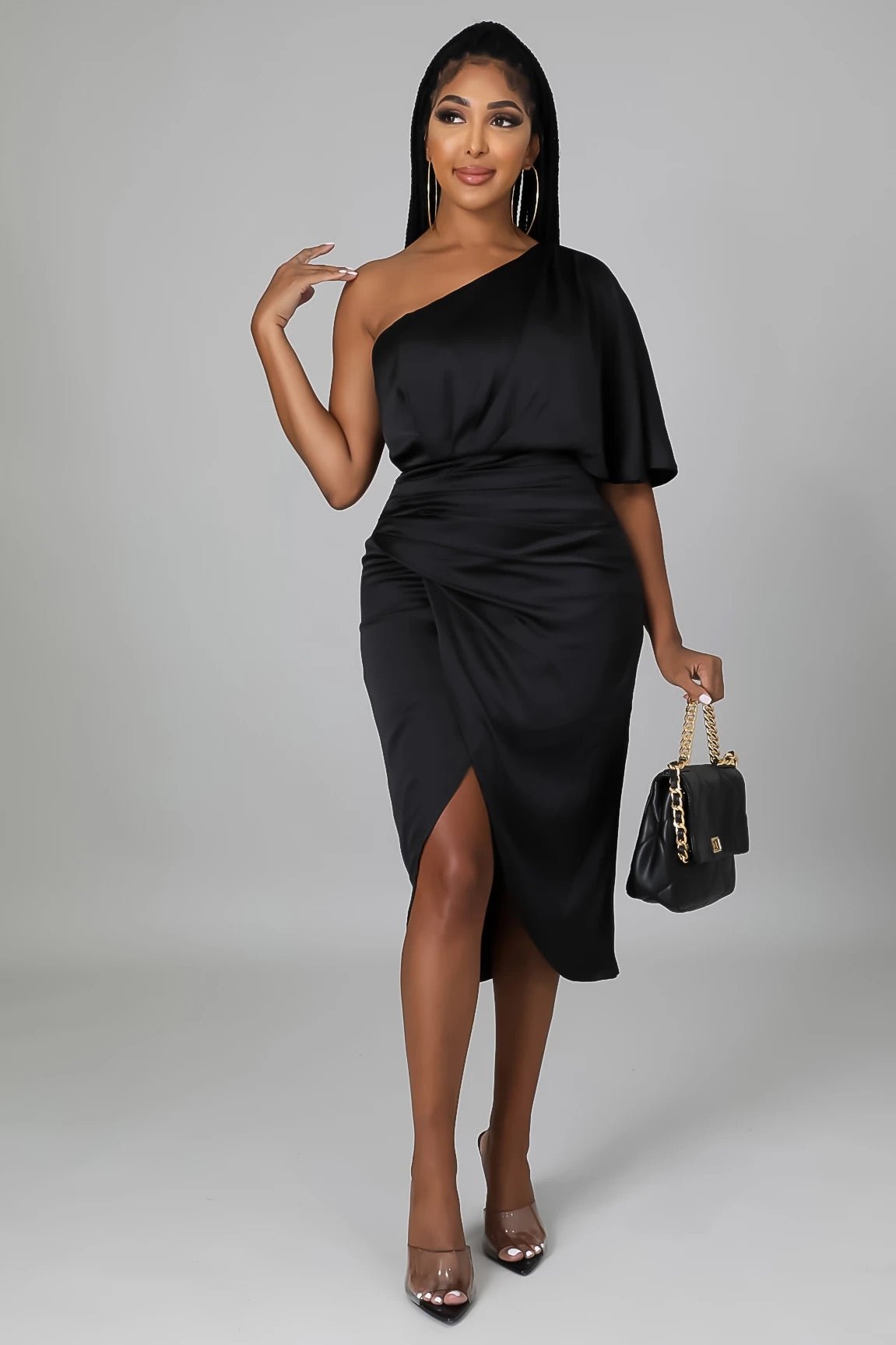 Luxx One Shoulder Satin Midi Dress Black - Ali’s Couture 