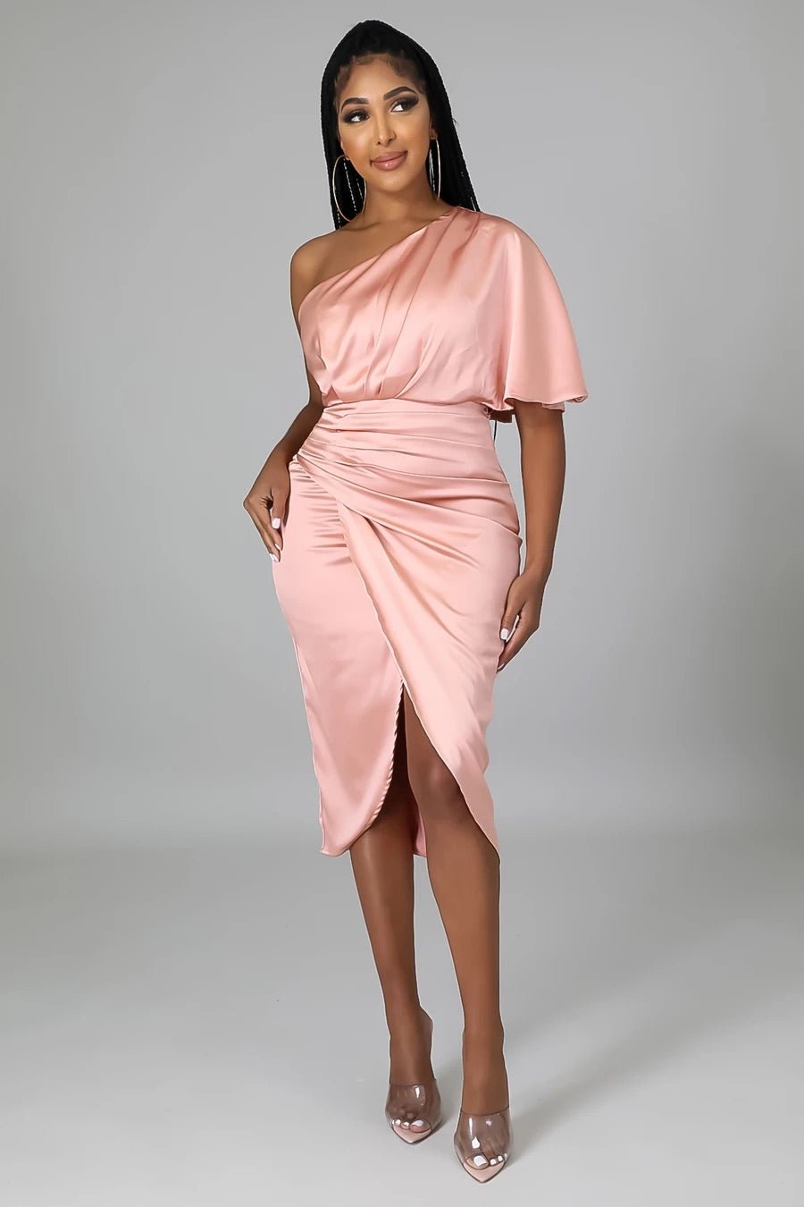 Luxx One Shoulder Satin Midi Dress Blush - Ali’s Couture 