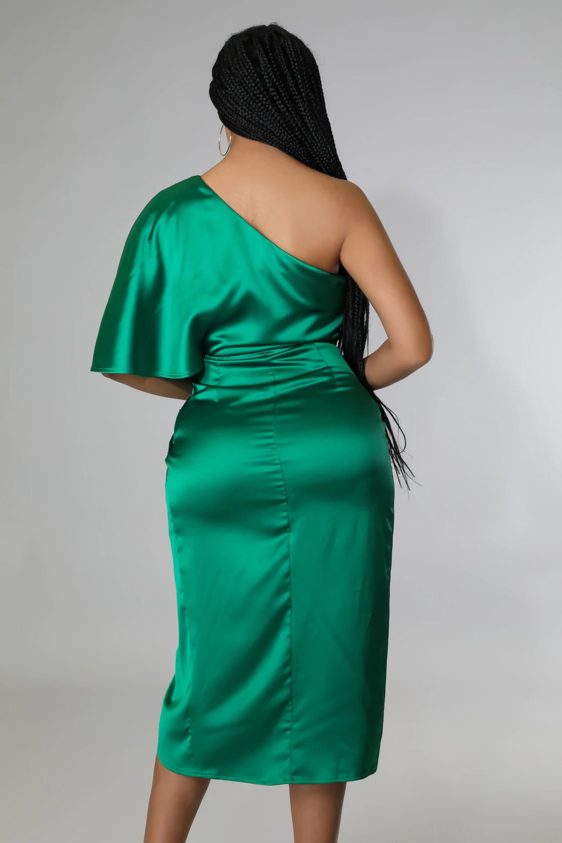 Luxx One Shoulder Satin Midi Dress Emerald Green - Ali’s Couture 