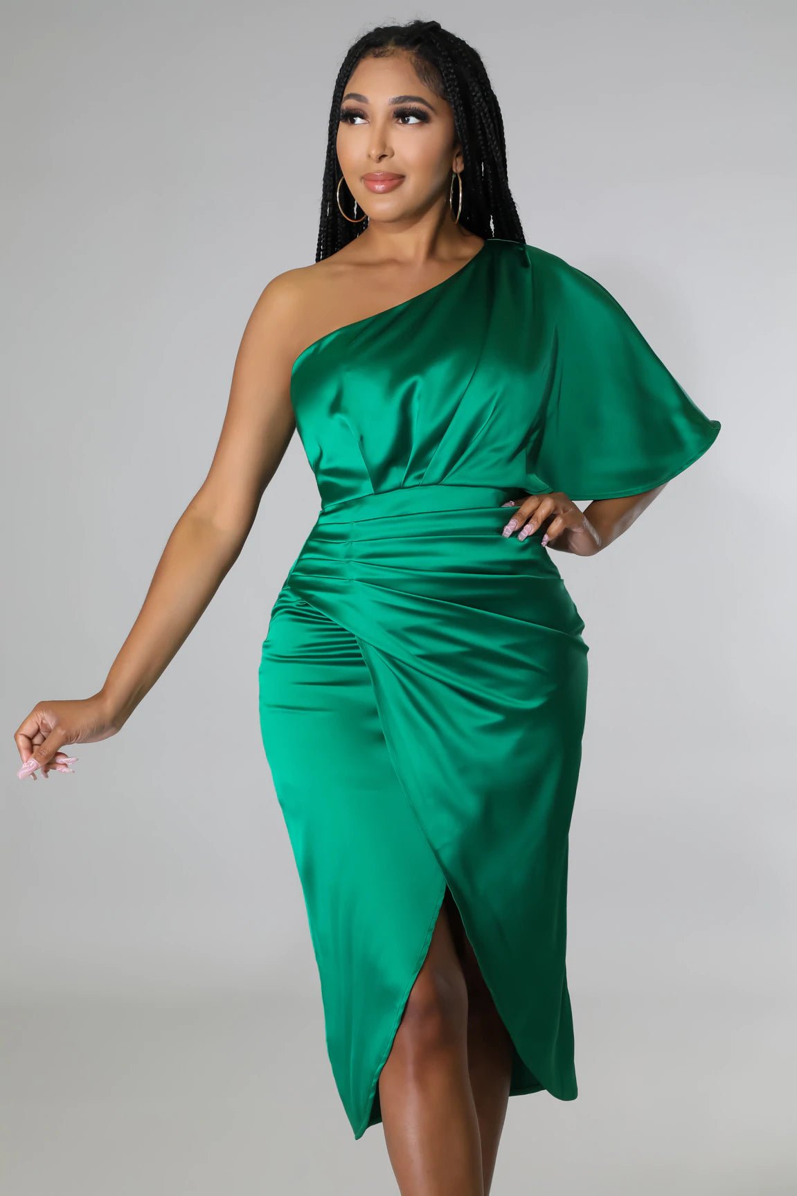 LUXX One Shoulder Satin Midi Dress Emerald Green | Ali's Couture, Small LUXX One Shoulder Satin Midi Dress Emerald Green | Ali's Couture, Small