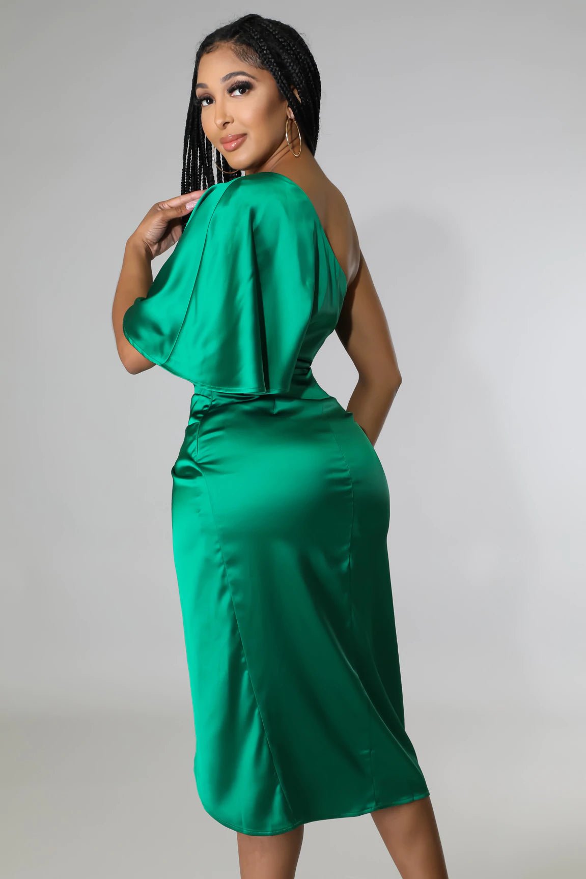 Luxx One Shoulder Satin Midi Dress Emerald Green - FINAL SALE Luxx One Shoulder Satin Midi Dress Emerald Green - FINAL SALE