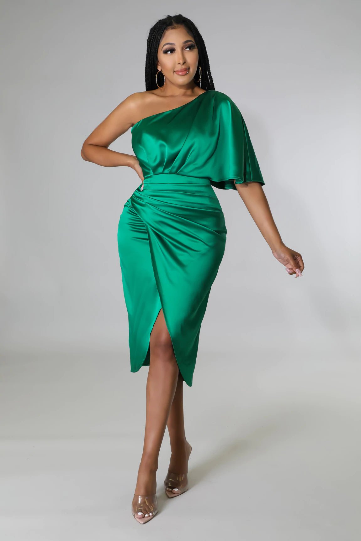 Luxx One Shoulder Satin Midi Dress Emerald Green - Ali’s Couture 