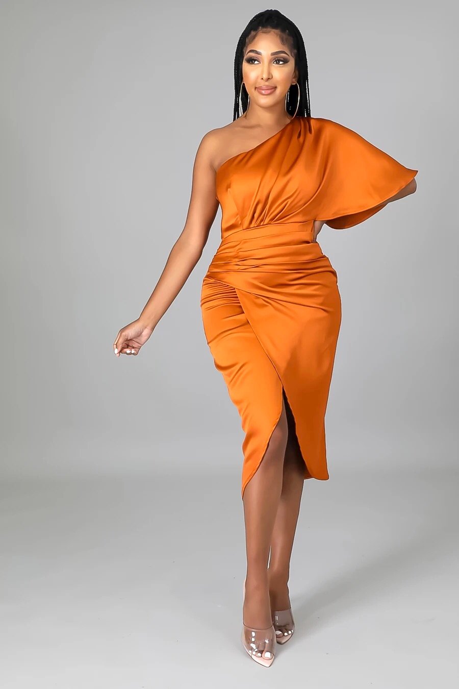 Luxx One Shoulder Satin Midi Dress Rust - Ali’s Couture 