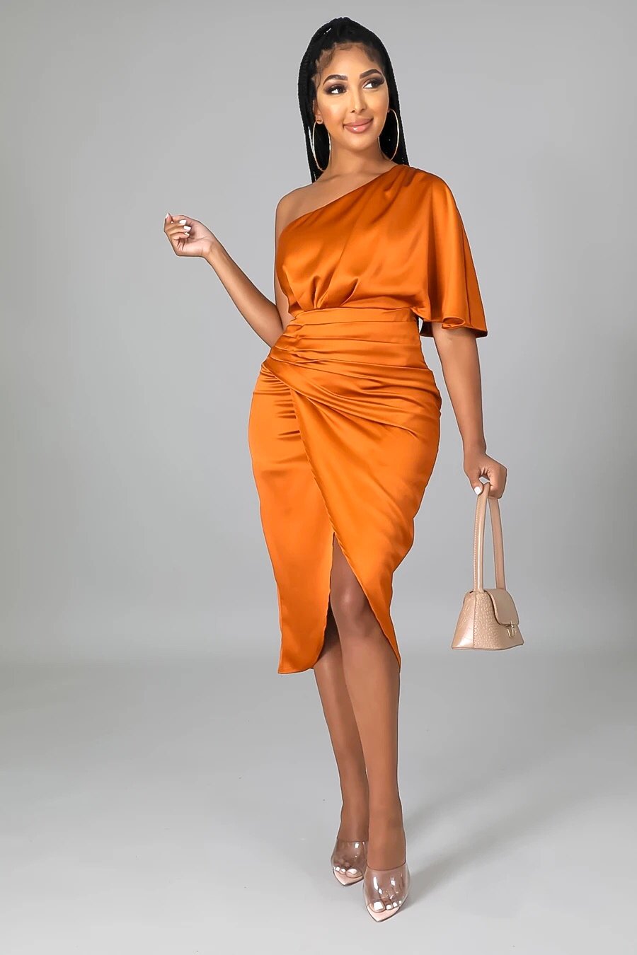 Luxx One Shoulder Satin Midi Dress Rust - Ali’s Couture 