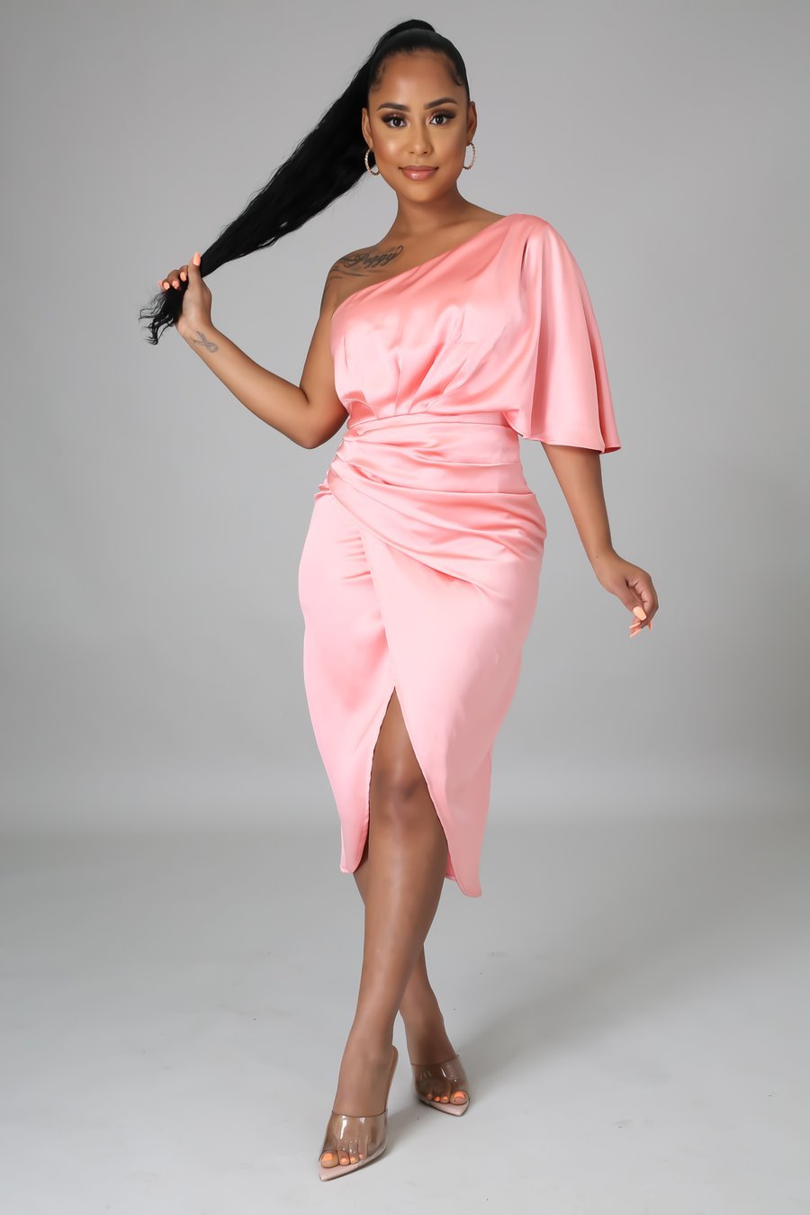 Luxx One Shoulder Satin Midi Dress Salmon - Ali’s Couture 