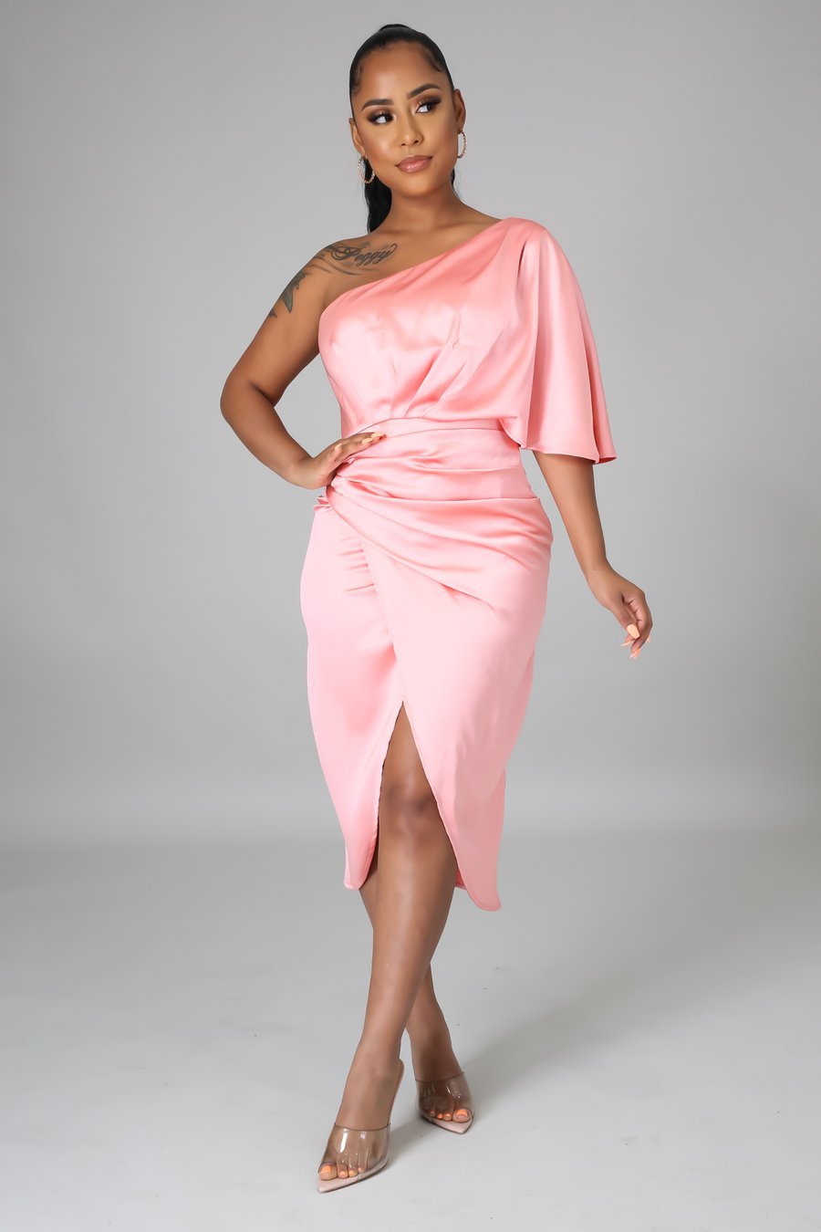 one-shoulder satin midi dress ASOS DESIGN one shoulder satin midi dress with neck sash in navy