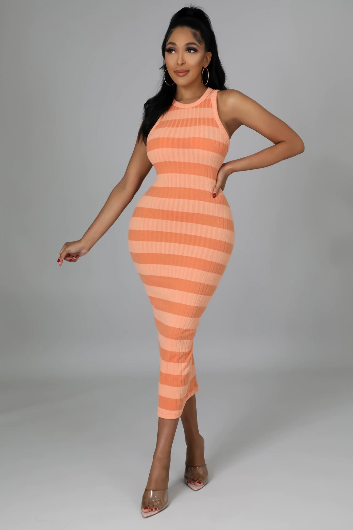 Maribella Striped Ribbed Midi Dress Multicolor Orange - Ali’s Couture 