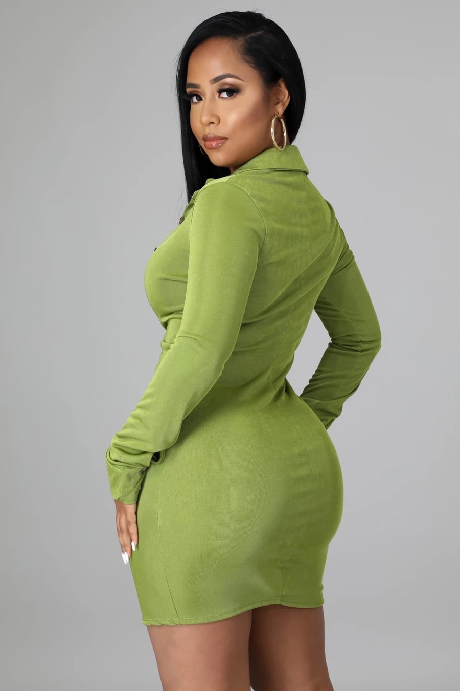Mariella Ruched Button Down Mini Dress Green - Ali’s Couture 