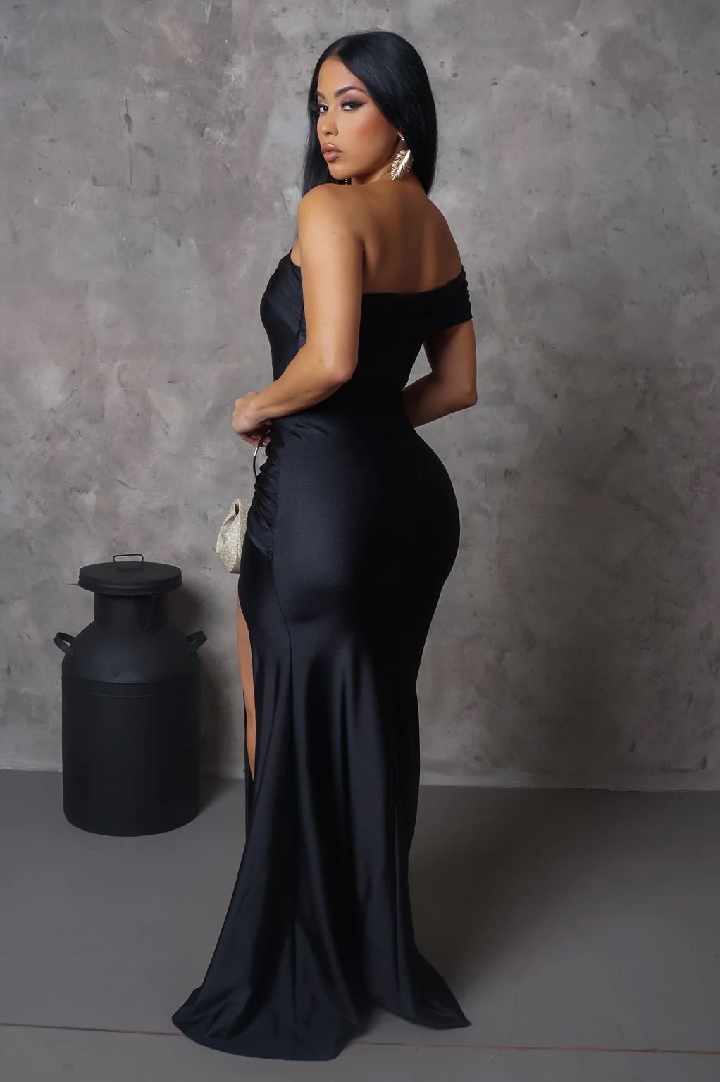 Melania Off The Shoulder Satin Maxi Dress Black - Ali’s Couture 