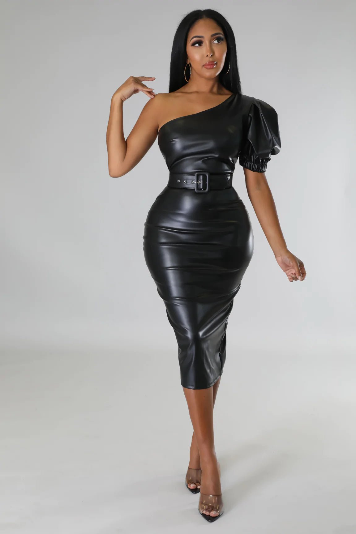 Mikaela Faux Leather Midi Dress Black - Ali’s Couture 