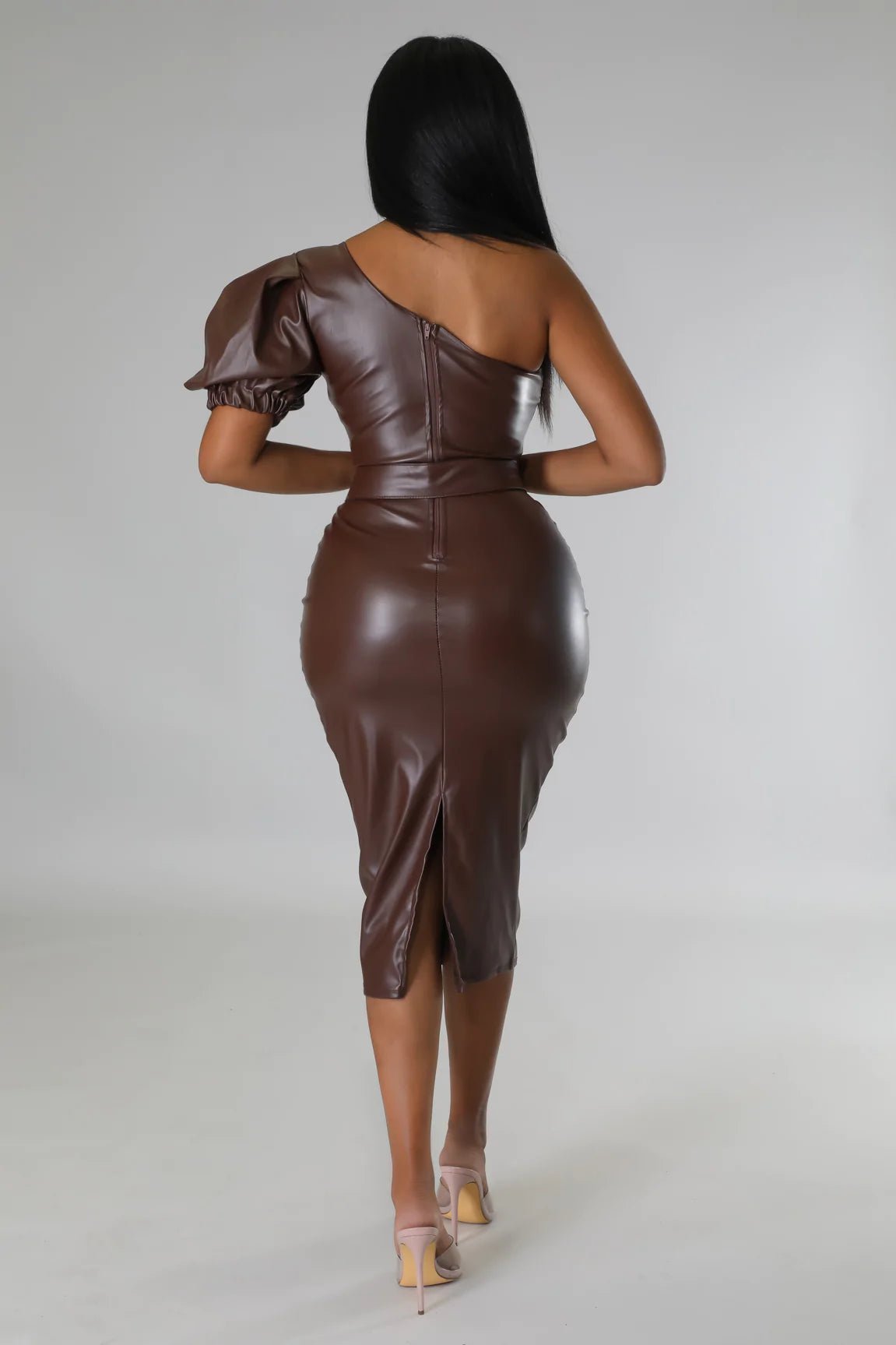 Mikaela Faux Leather Midi Dress Chocolate Brown - Ali’s Couture 