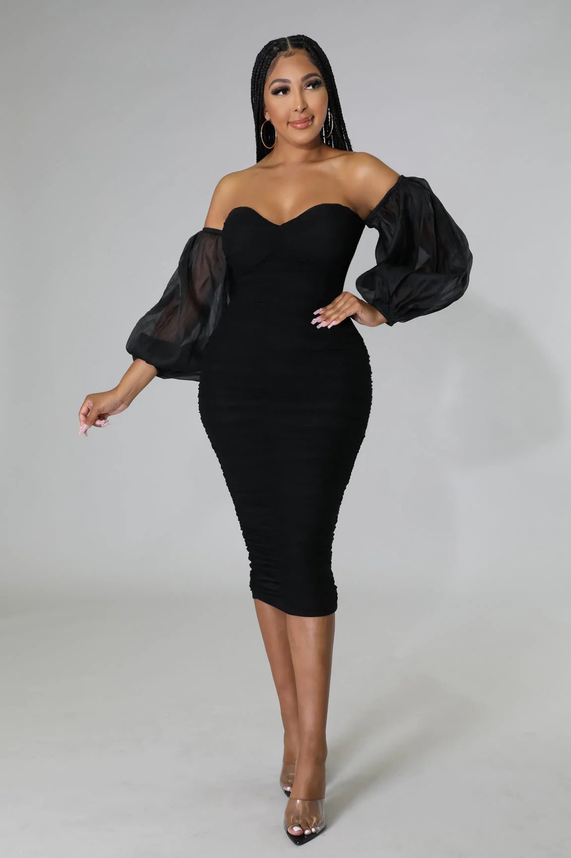 Neva Off The Shoulder Mesh Midi Dress Black - Ali’s Couture 