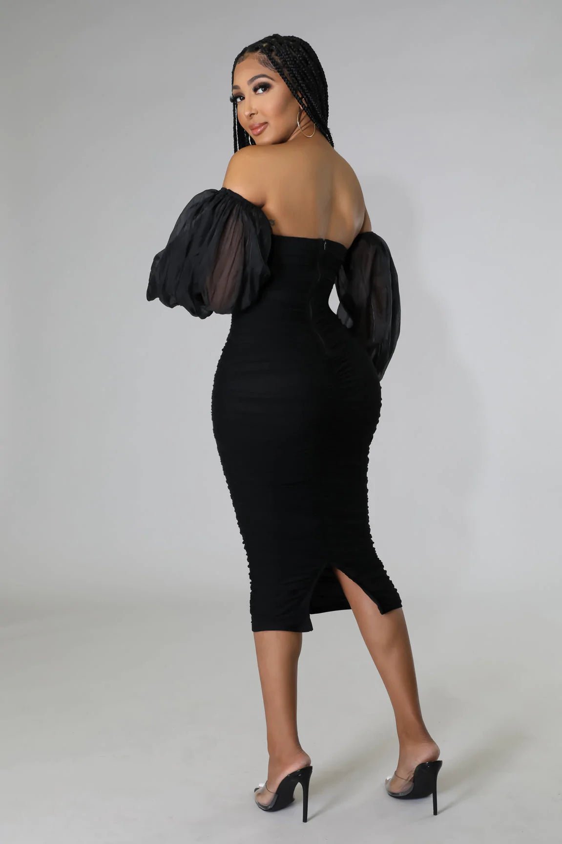 Neva Off The Shoulder Mesh Midi Dress Black - Ali’s Couture 