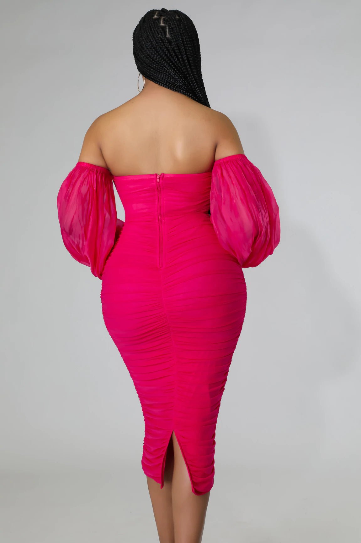 Neva Off The Shoulder Mesh Midi Dress Fuchsia - Ali’s Couture 