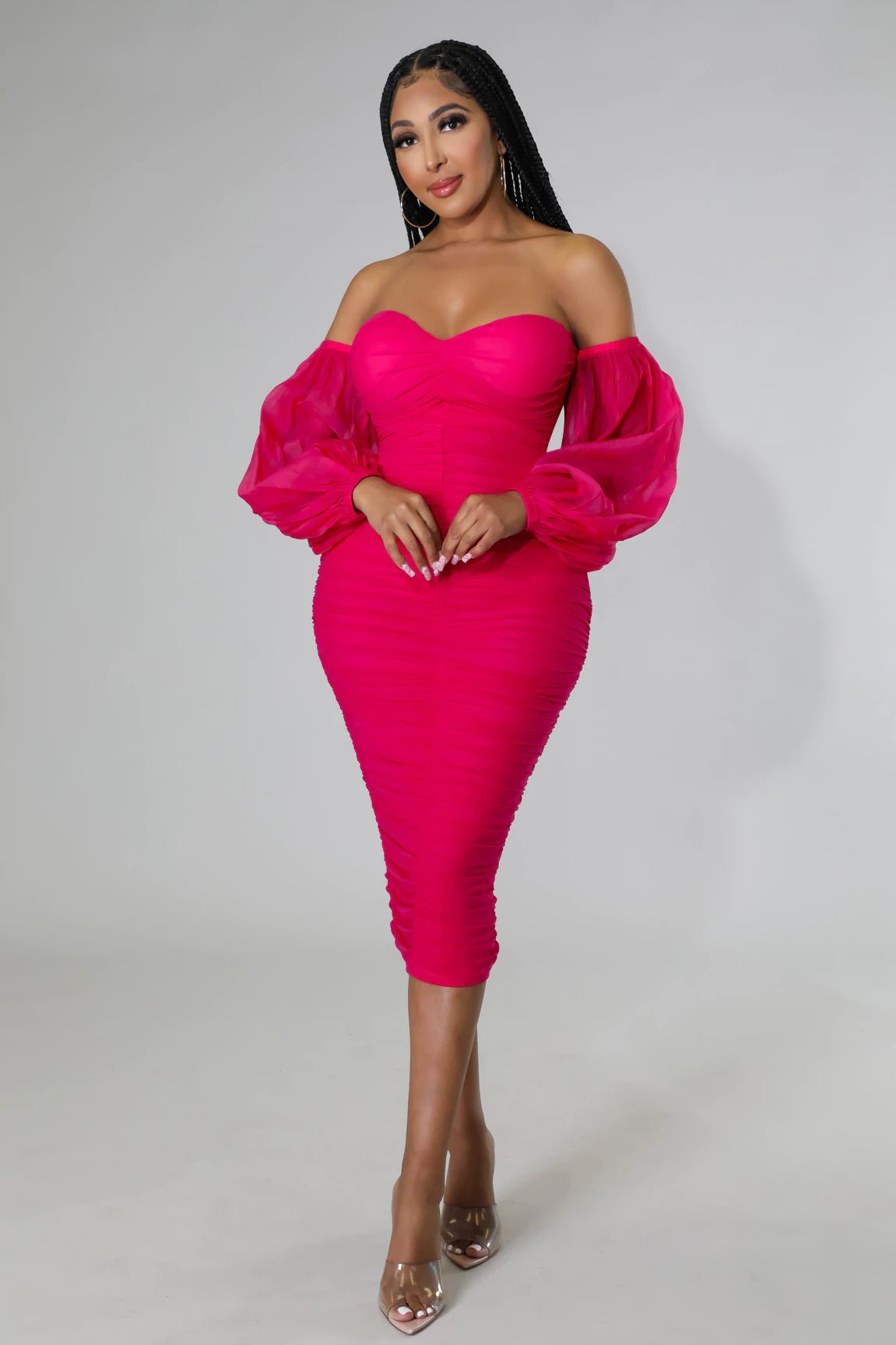 Neva Off The Shoulder Mesh Midi Dress Fuchsia - Ali’s Couture 