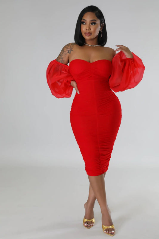 Neva Off The Shoulder Mesh Midi Dress Red - Ali’s Couture 