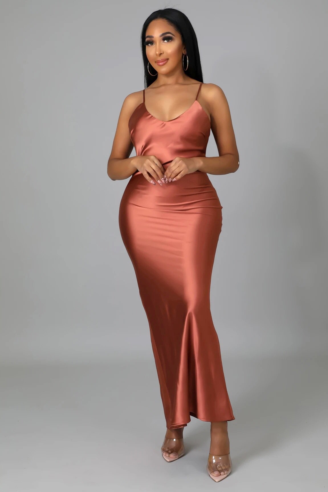 Night Out Satin Slip Midi Dress Cognac Brown | Alis Couture, Small Night Out Satin Slip Midi Dress Cognac Brown | Alis Couture, Small