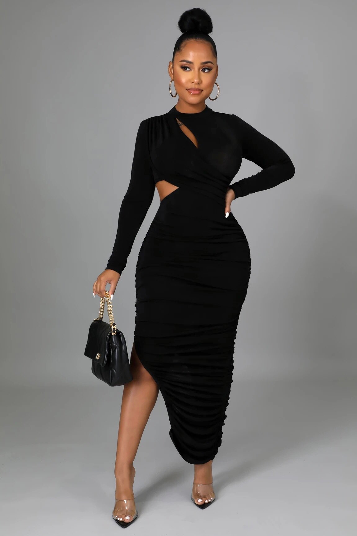 Nyla Cutout Ruched Midi Dress Black - Ali’s Couture 