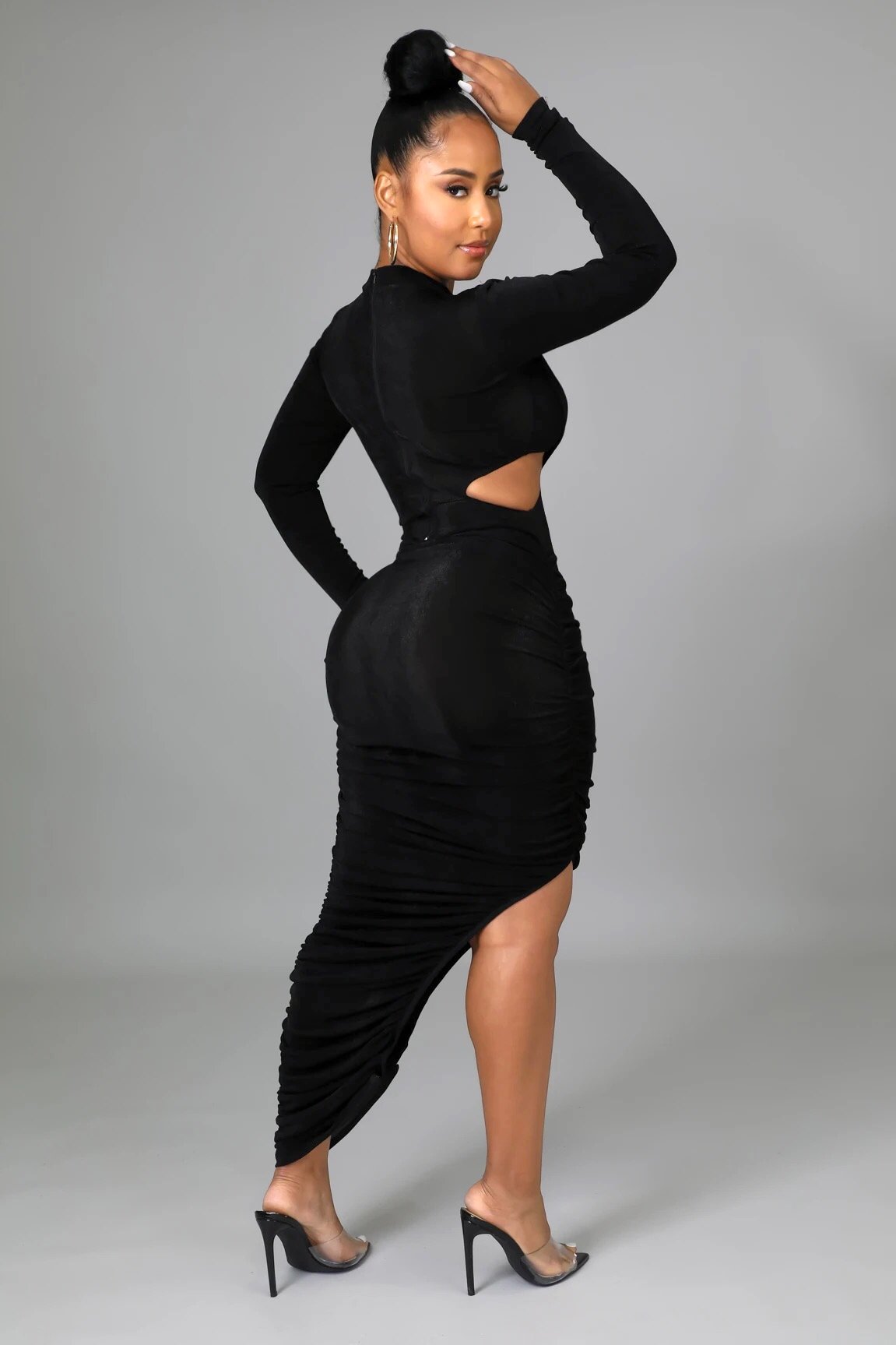 Nyla Cutout Ruched Midi Dress Black - Ali’s Couture 