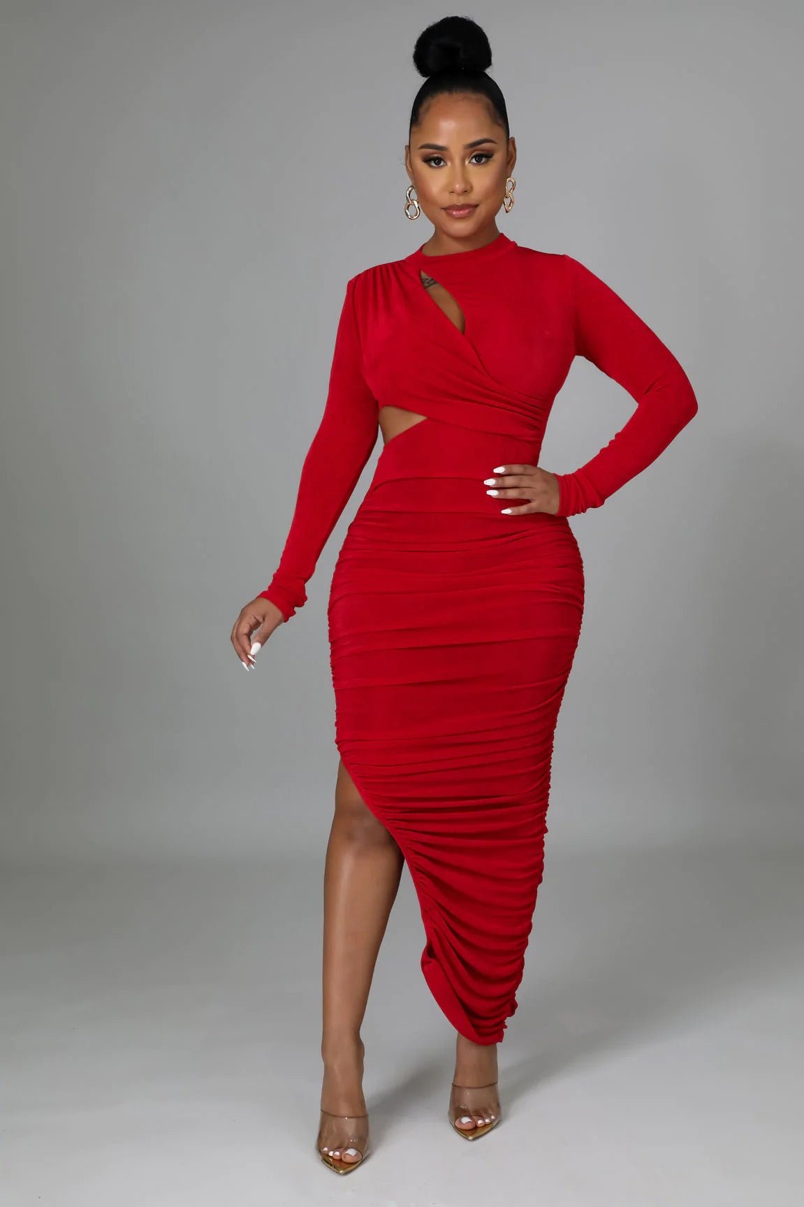 Nyla Cutout Ruched Midi Dress Red - Ali’s Couture 
