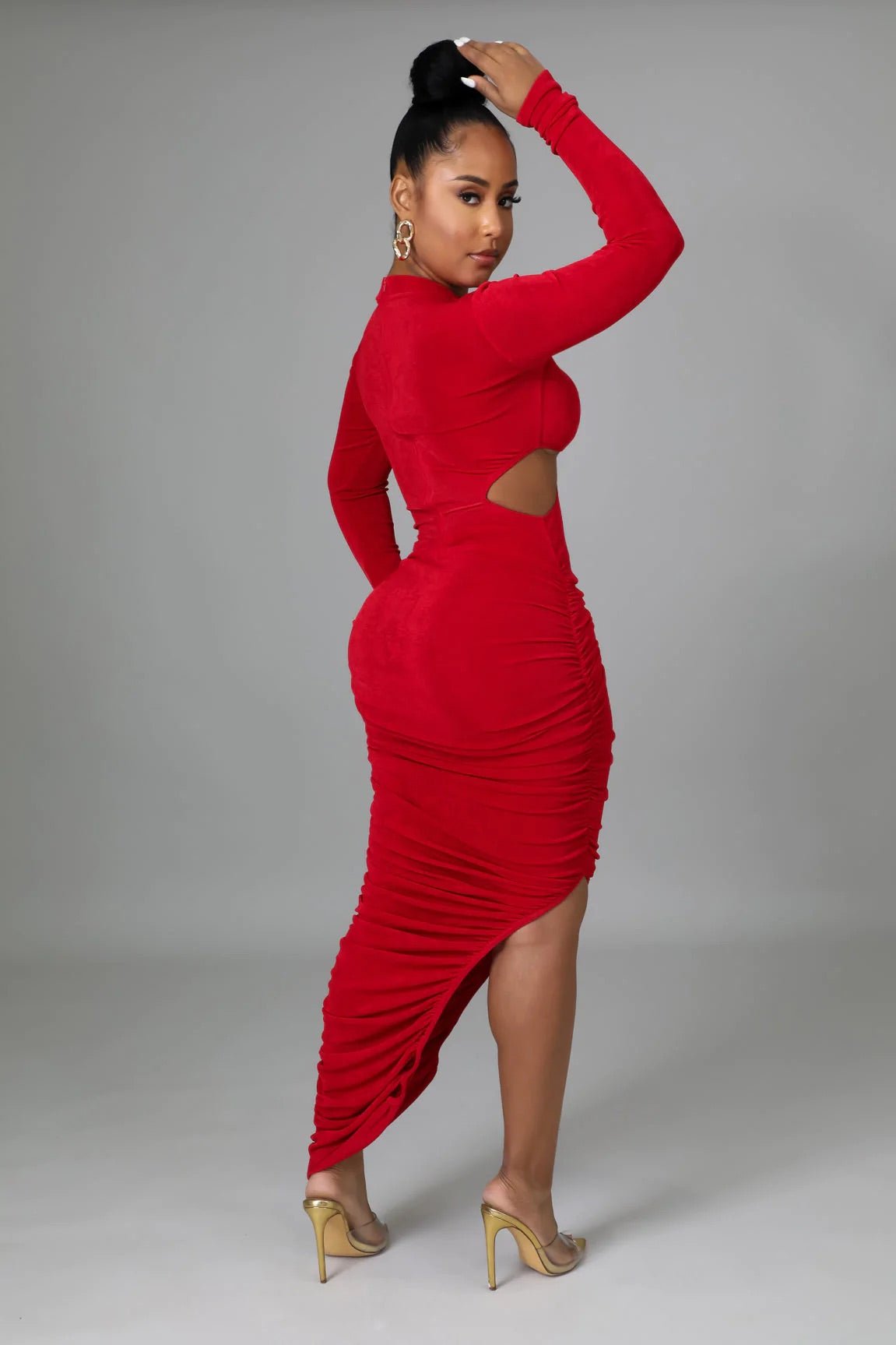 Nyla Cutout Ruched Midi Dress Red - Ali’s Couture 