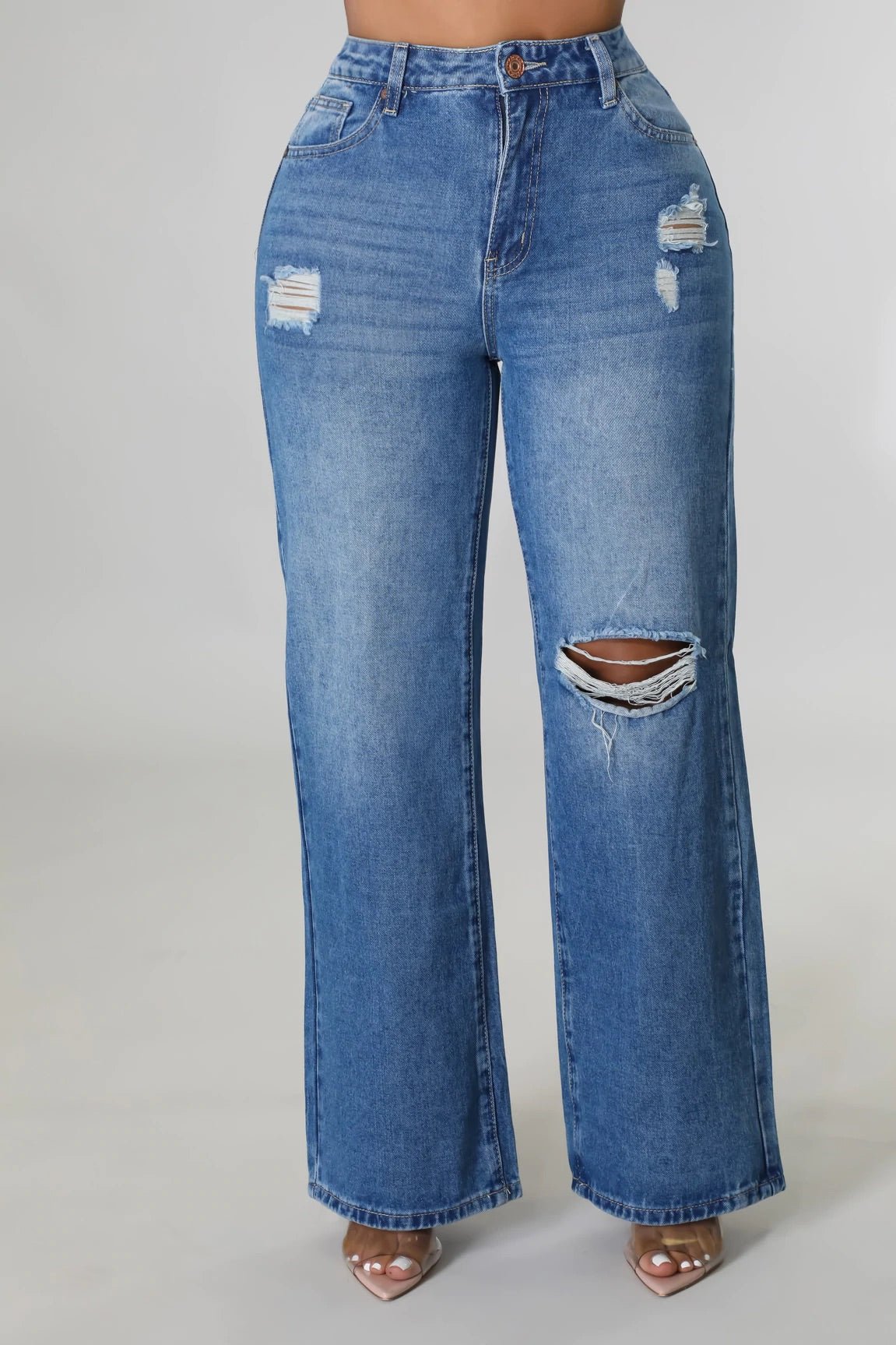 Offset Wide Leg Distressed Jeans Medium Wash - FINAL SALE - Ali’s Couture 