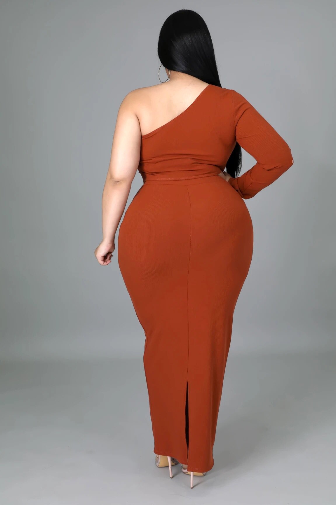 One Sided One Shoulder Skirt Set Rust (Curvy) - Ali’s Couture 